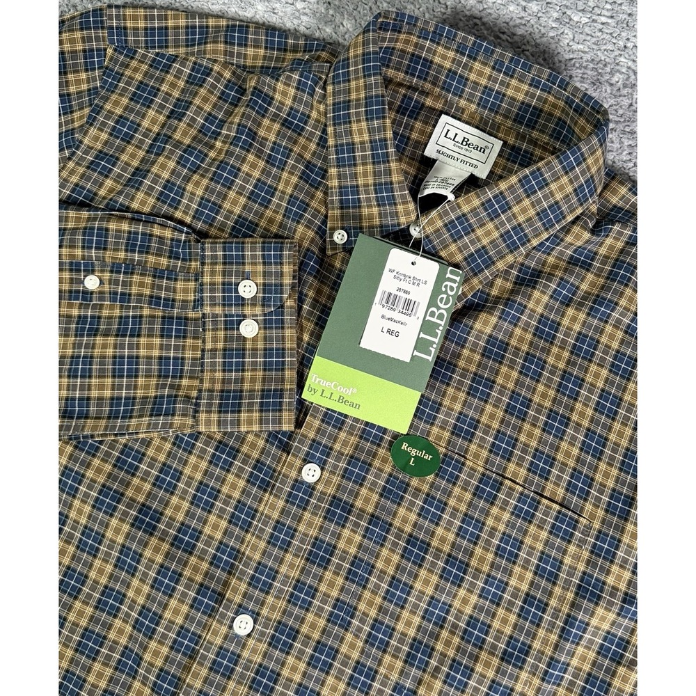 NWT LL Bean Kennebunk Sport Shirt Mens L Blue Plaid Slightly Fitted Long Sleeve